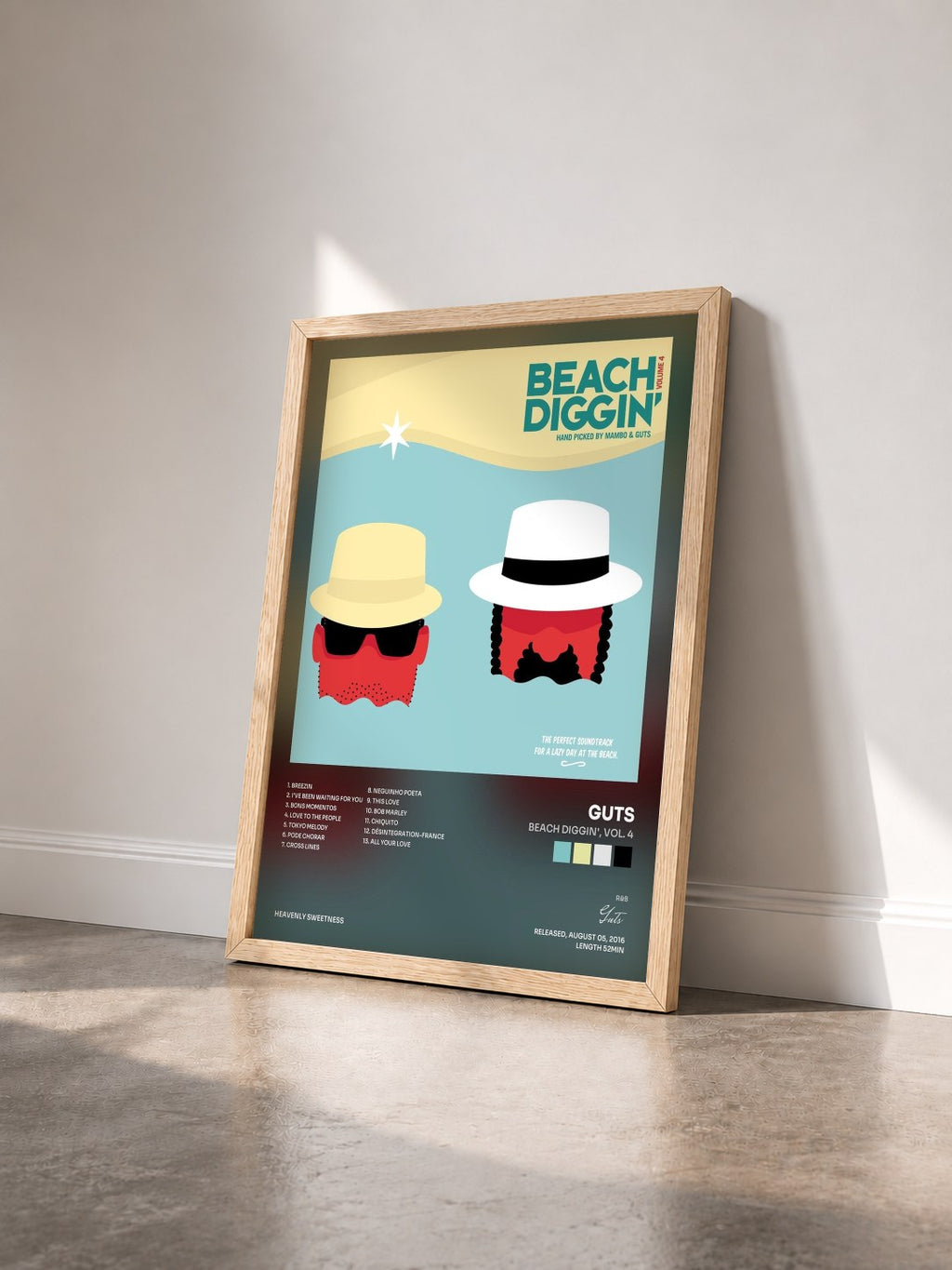 #bois Tableau de l'album Beach Diggin', Vol. 4 de Guts vu de trois quarts, cadre en bois brut