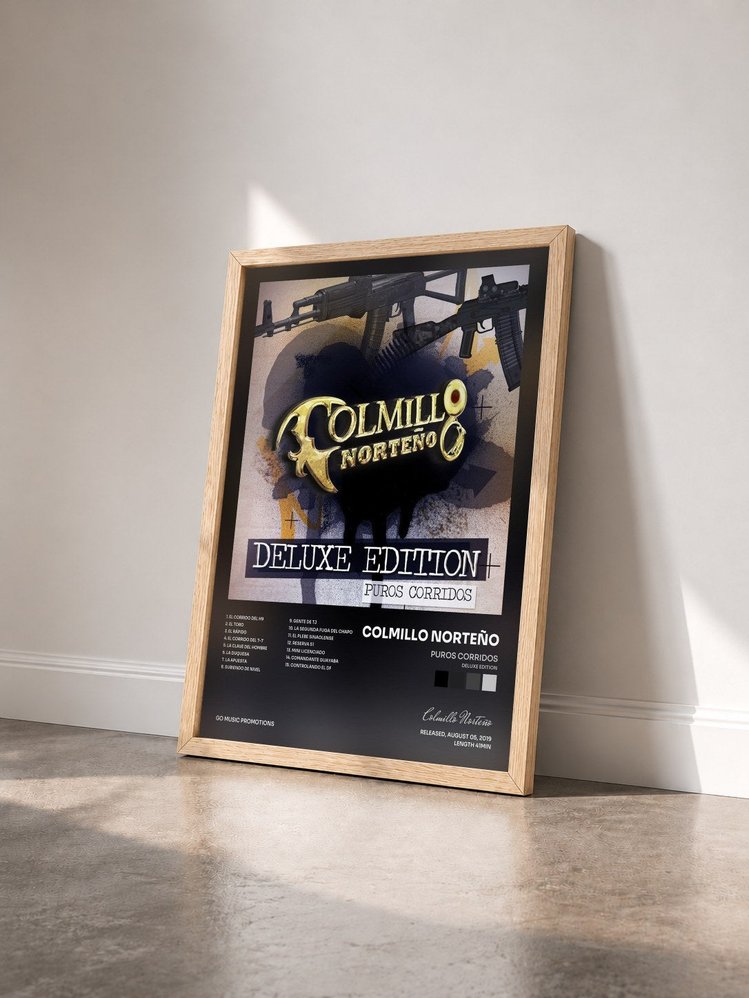 #bois Tableau de l'album Puros Corridos (Deluxe Edition) de Colmillo Norteño vu de trois quarts, cadre en bois brut