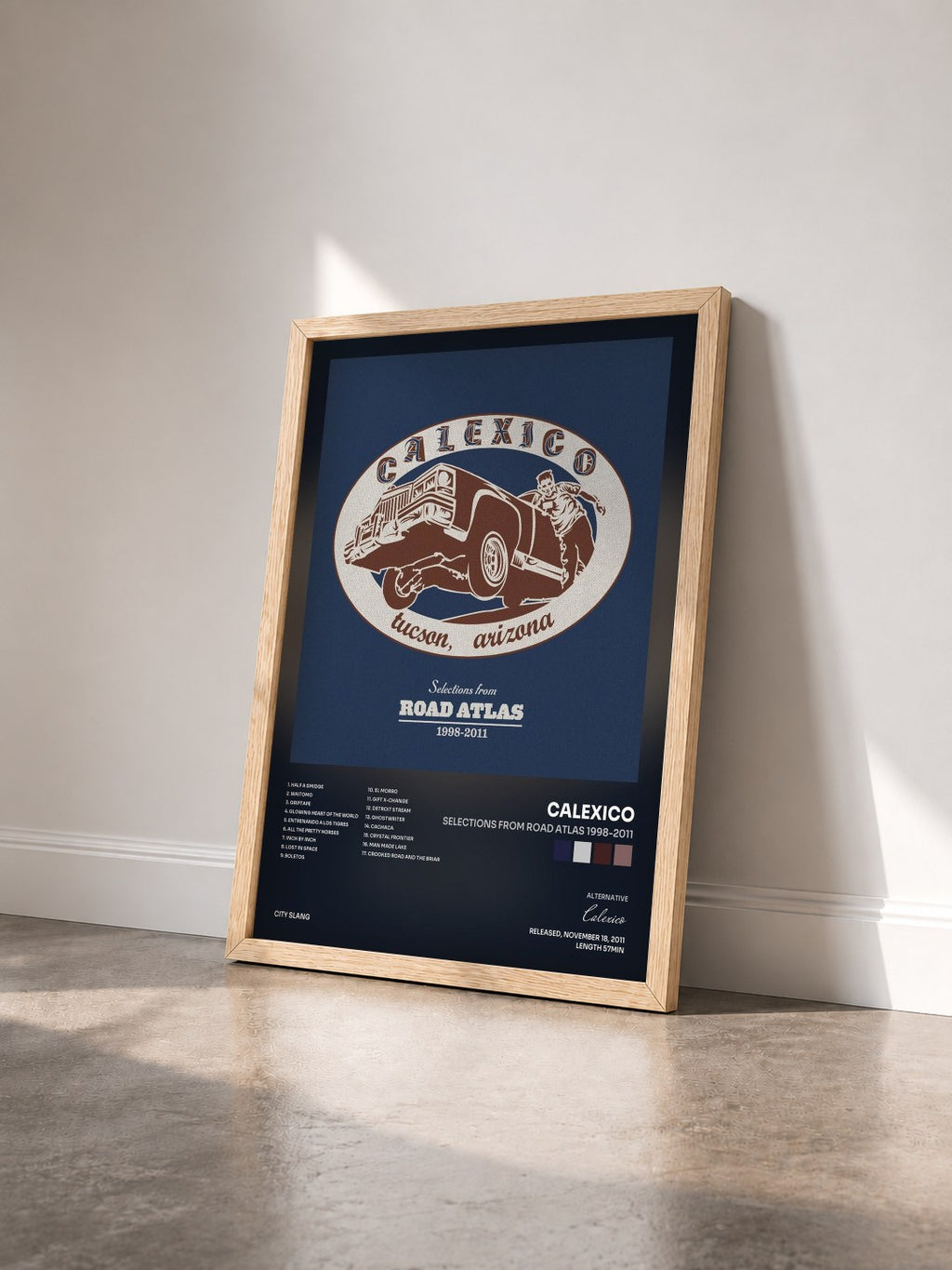 #bois Tableau de l'album Selections from ROAD ATLAS 1998-2011 de Calexico vu de trois quarts, cadre en bois brut