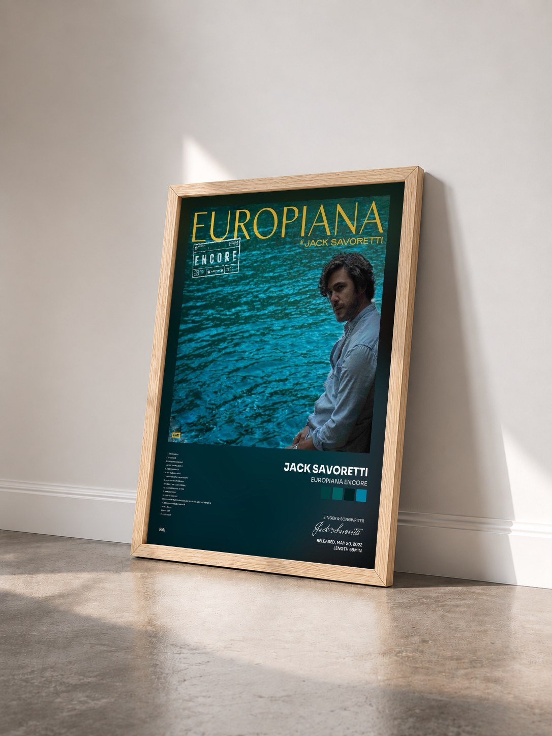 #bois Tableau de l'album Europiana Encore de Jack Savoretti vu de trois quarts, cadre en bois brut