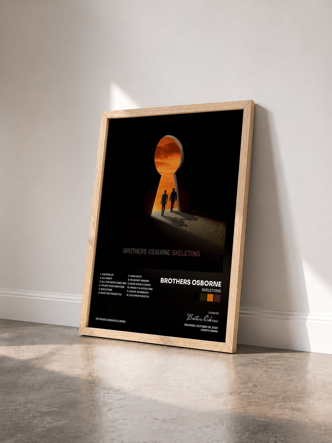 #bois Tableau de l'album Skeletons de Brothers Osborne vu de trois quarts, cadre en bois brut