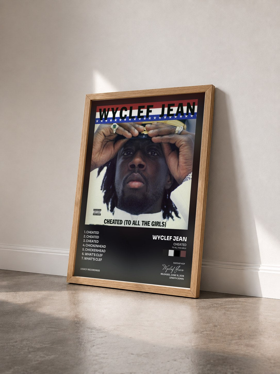 #bois Tableau de l'album Cheated (To All the Girls) - EP de Wyclef Jean vu de trois quarts, cadre en bois brut