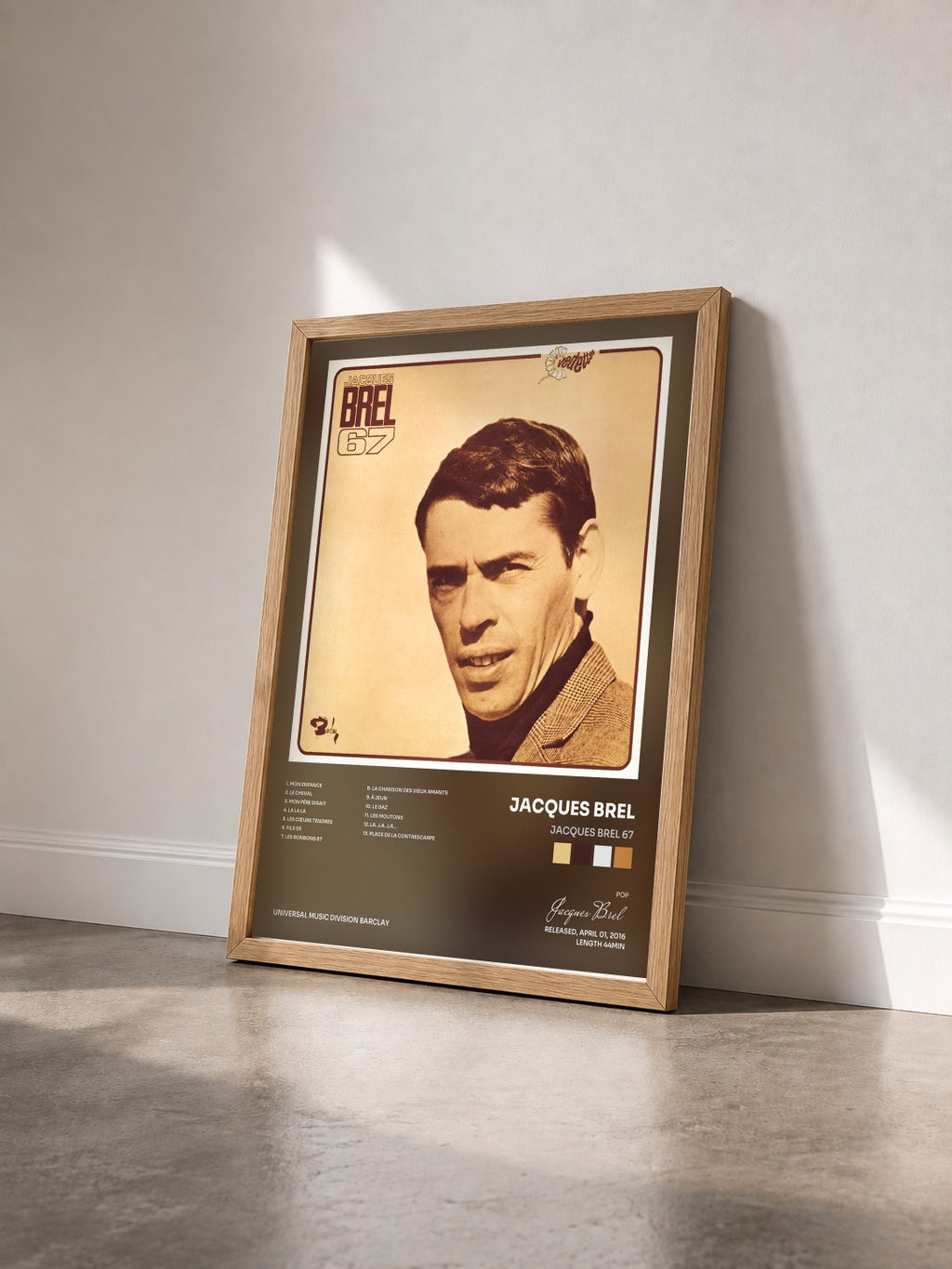 #bois Tableau de l'album Jacques Brel 67 de Jacques Brel vu de trois quarts, cadre en bois brut
