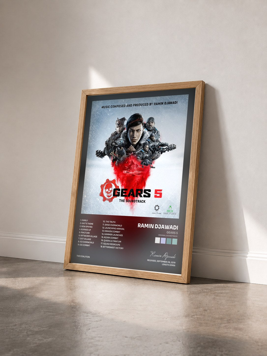 #bois Tableau de l'album Gears 5 (Original Soundtrack) de Ramin Djawadi vu de trois quarts, cadre en bois brut
