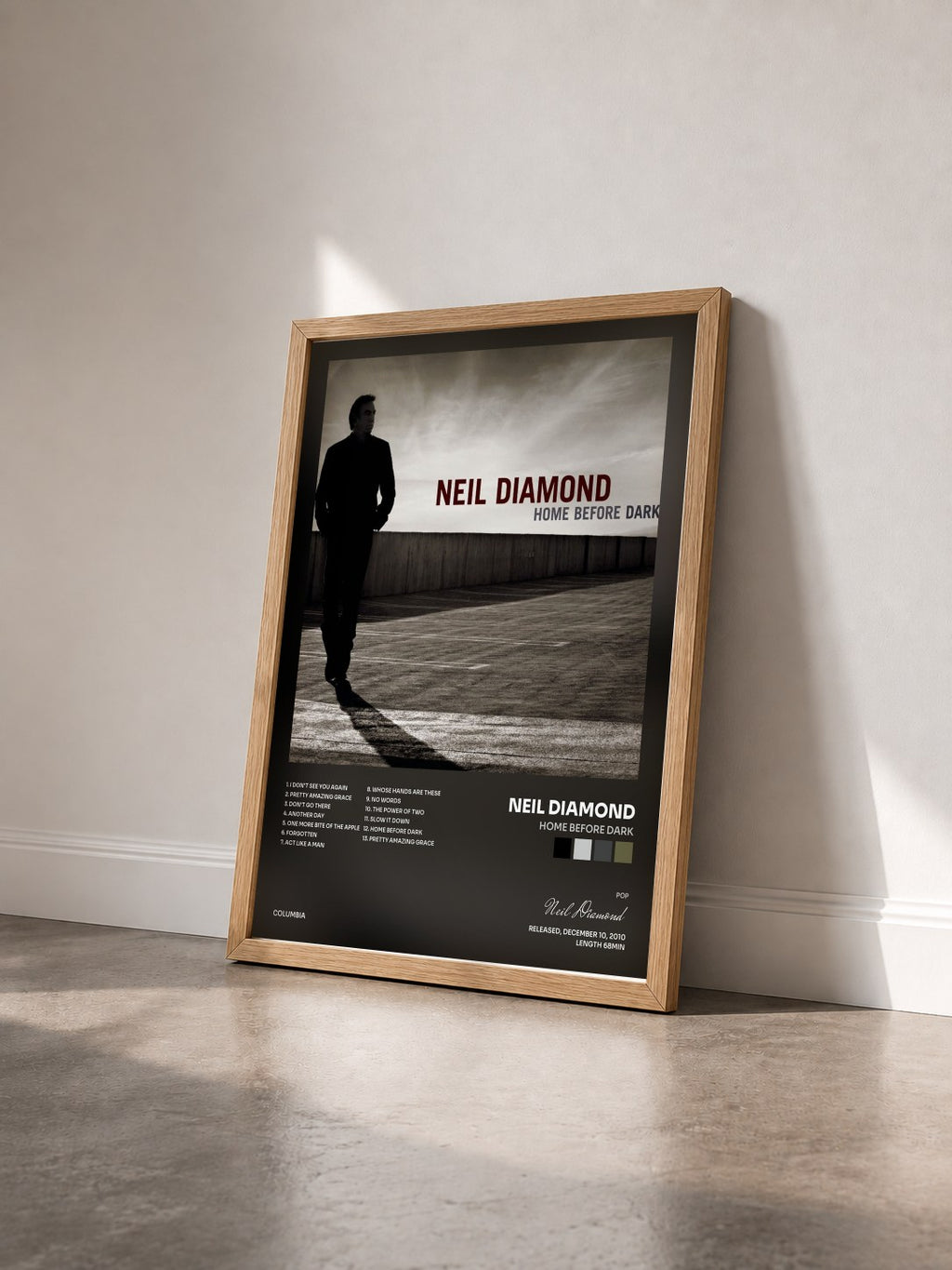 #bois Tableau de l'album Home Before Dark de Neil Diamond vu de trois quarts, cadre en bois brut