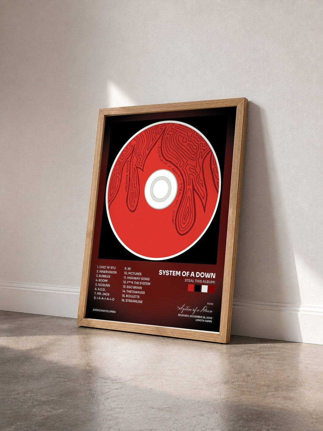 #bois Tableau de l'album Steal This Album! de System of a Down vu de trois quarts, cadre en bois brut