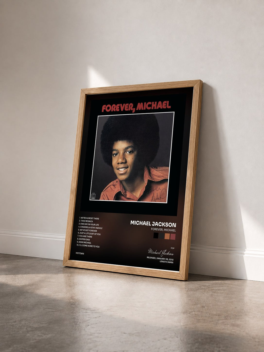 #bois Tableau de l'album Forever, Michael de Michael Jackson vu de trois quarts, cadre en bois brut
