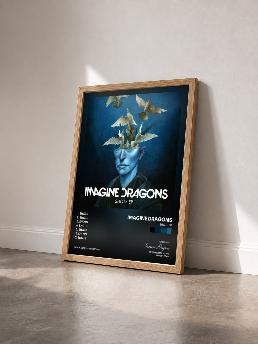 #bois Tableau de l'album Shots EP de Imagine Dragons vu de trois quarts, cadre en bois brut