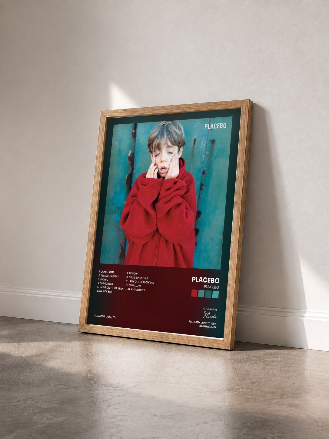 #bois Tableau de l'album Placebo de Placebo vu de trois quarts, cadre en bois brut