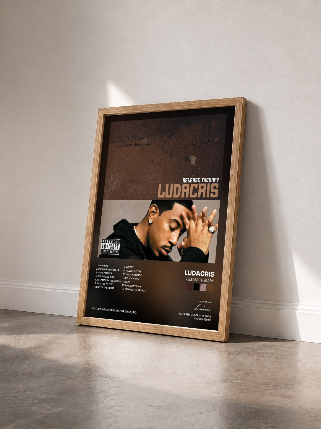 #bois Tableau de l'album Release Therapy de Ludacris vu de trois quarts, cadre en bois brut