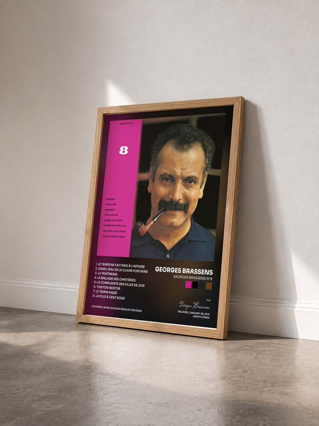 #bois Tableau de l'album Georges Brassens N°8 de Georges Brassens vu de trois quarts, cadre en bois brut