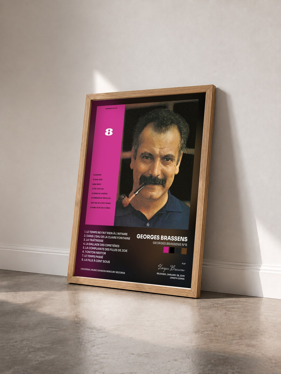 #bois Tableau de l'album Georges Brassens N°8 de Georges Brassens vu de trois quarts, cadre en bois brut