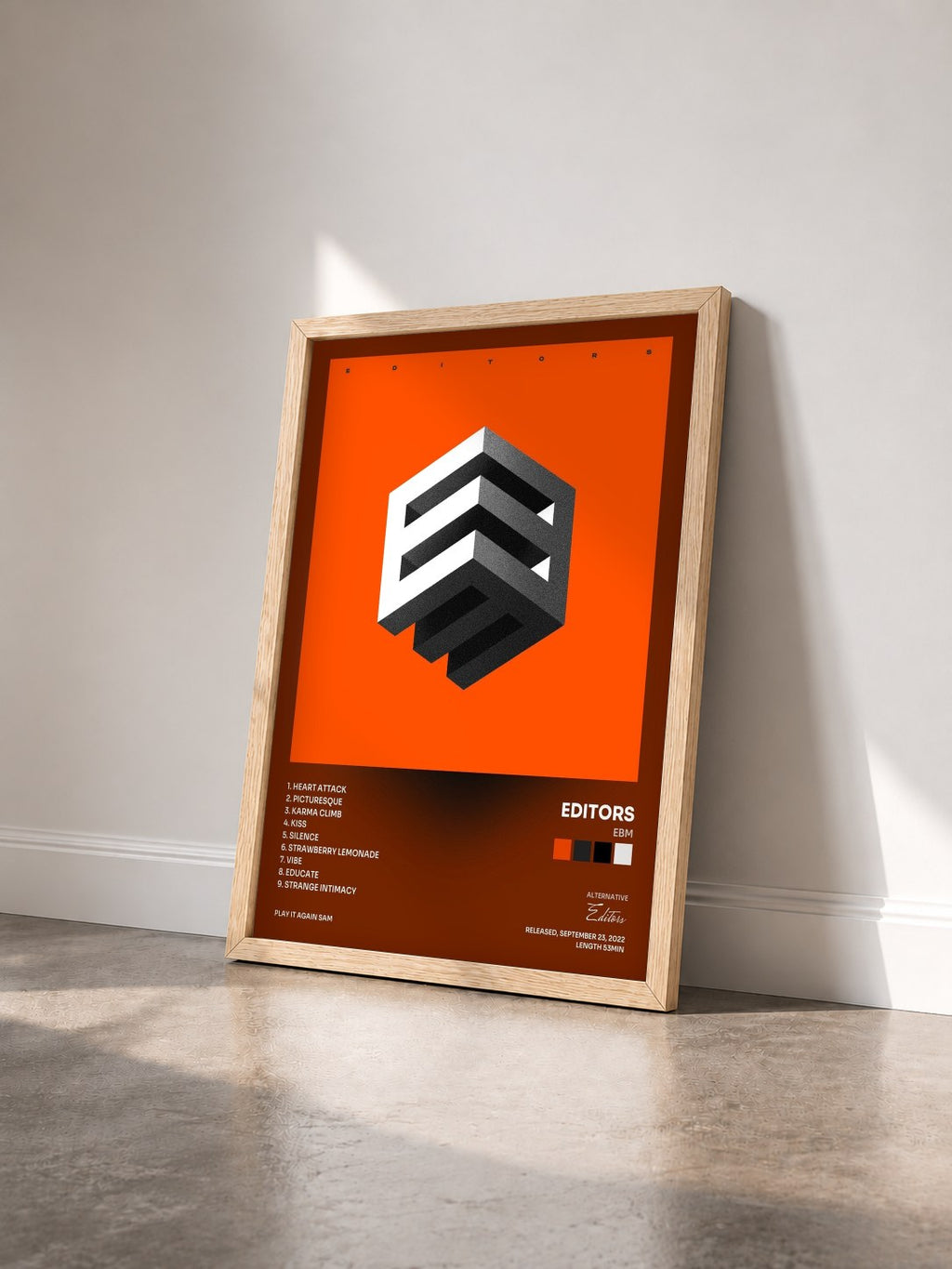 #bois Tableau de l'album EBM de Editors vu de trois quarts, cadre en bois brut