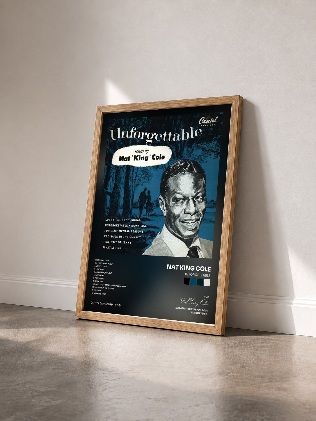 #bois Tableau de l'album Unforgettable de Nat King Cole vu de trois quarts, cadre en bois brut