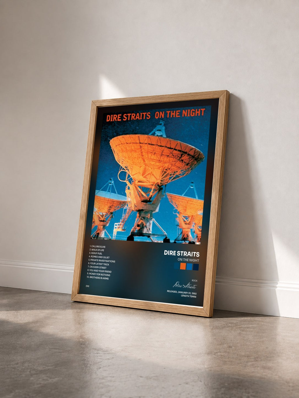 #bois Tableau de l'album On The Night de Dire Straits vu de trois quarts, cadre en bois brut