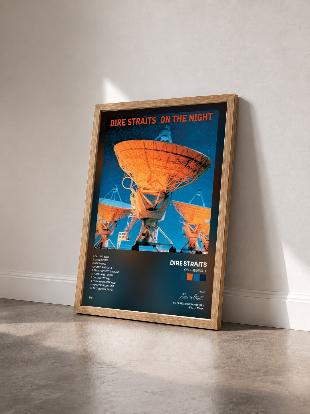 #bois Tableau de l'album On The Night de Dire Straits vu de trois quarts, cadre en bois brut