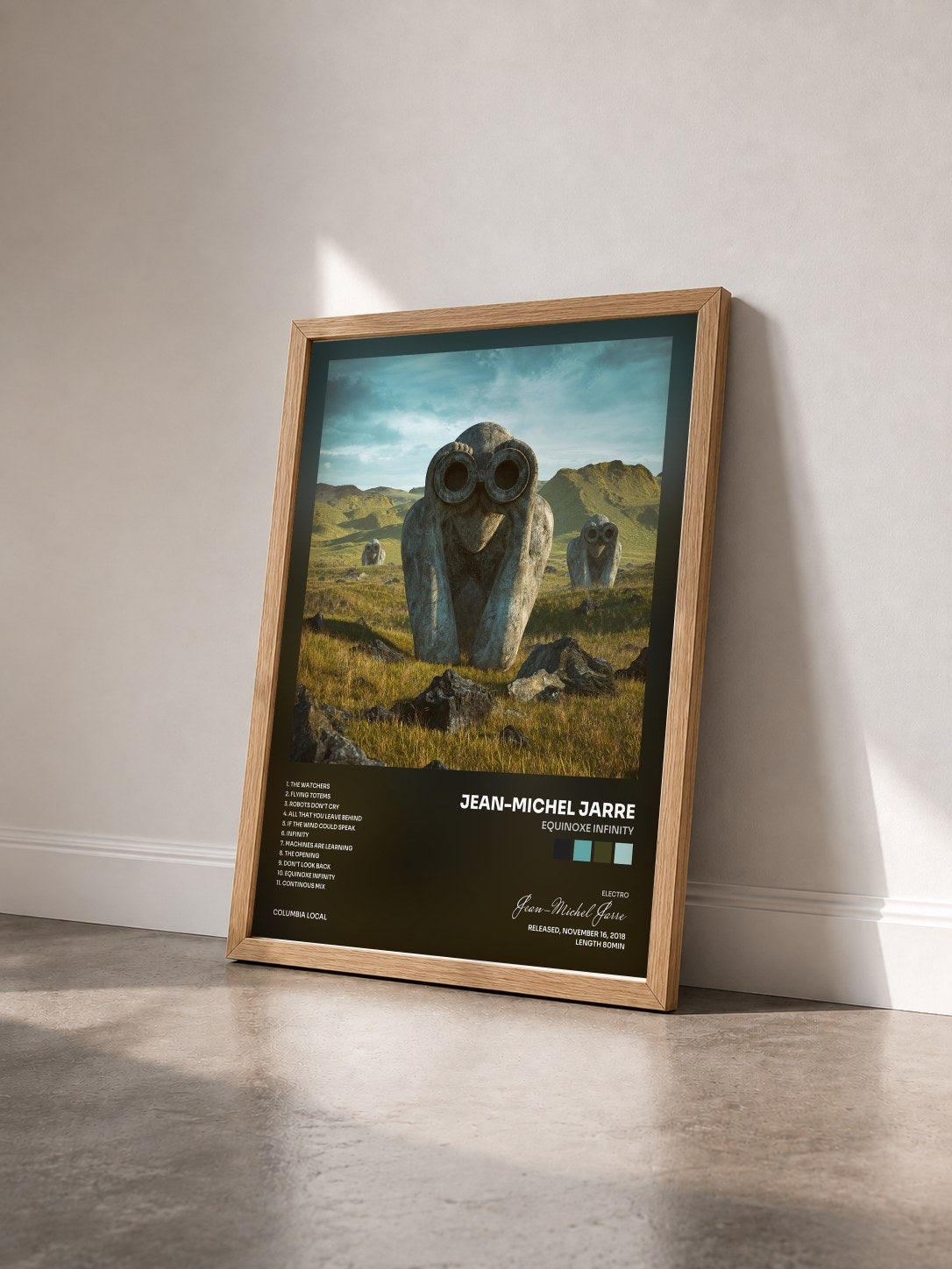 #bois Tableau de l'album Equinoxe Infinity de Jean-Michel Jarre vu de trois quarts, cadre en bois brut