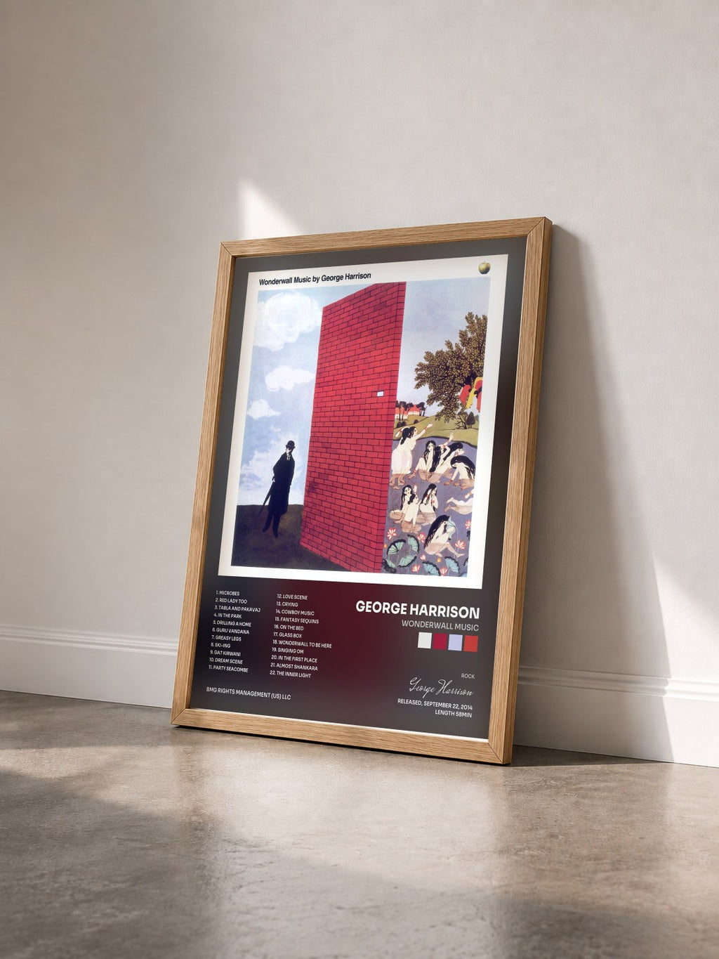 #bois Tableau de l'album Wonderwall Music de George Harrison vu de trois quarts, cadre en bois brut