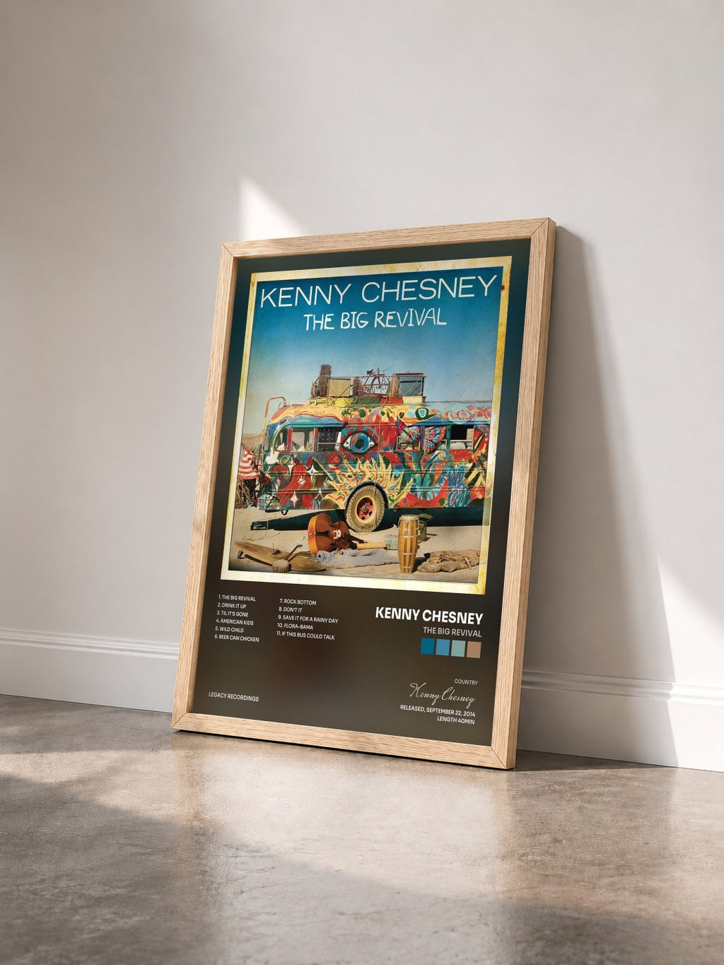 #bois Tableau de l'album The Big Revival de Kenny Chesney vu de trois quarts, cadre en bois brut