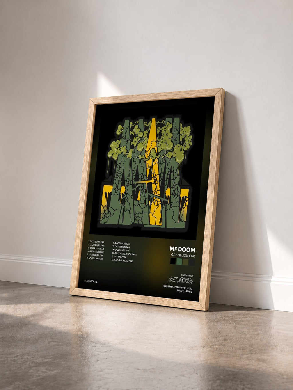 #bois Tableau de l'album Gazzillion Ear de MF DOOM vu de trois quarts, cadre en bois brut