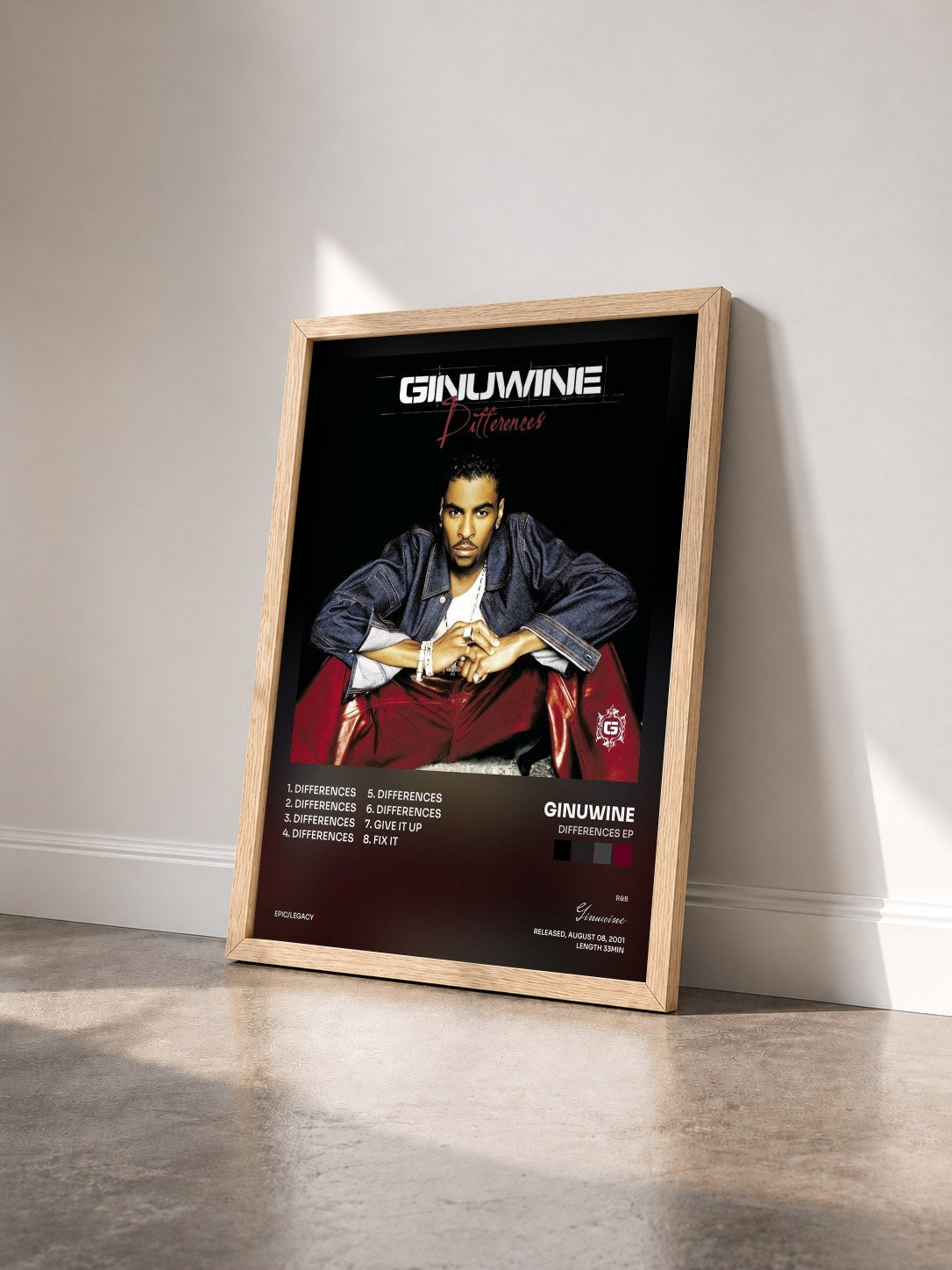 #bois Tableau de l'album Differences EP de Ginuwine vu de trois quarts, cadre en bois brut