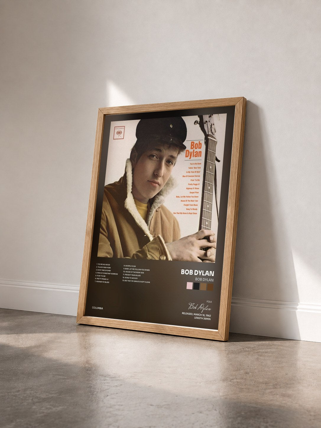 #bois Tableau de l'album Bob Dylan de Bob Dylan vu de trois quarts, cadre en bois brut