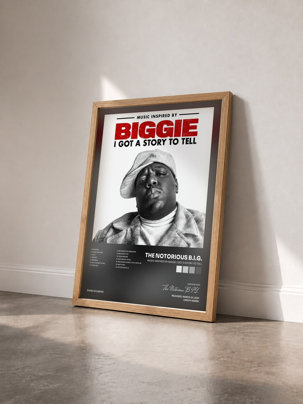 #bois Tableau de l'album Music Inspired By Biggie: I Got A Story To Tell de The Notorious B.I.G. vu de trois quarts, cadre en bois brut
