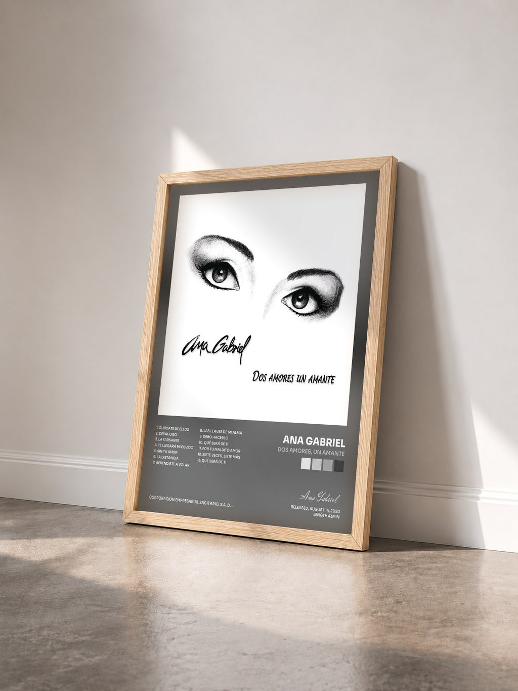 #bois Tableau de l'album Dos Amores, un Amante de Ana Gabriel vu de trois quarts, cadre en bois brut