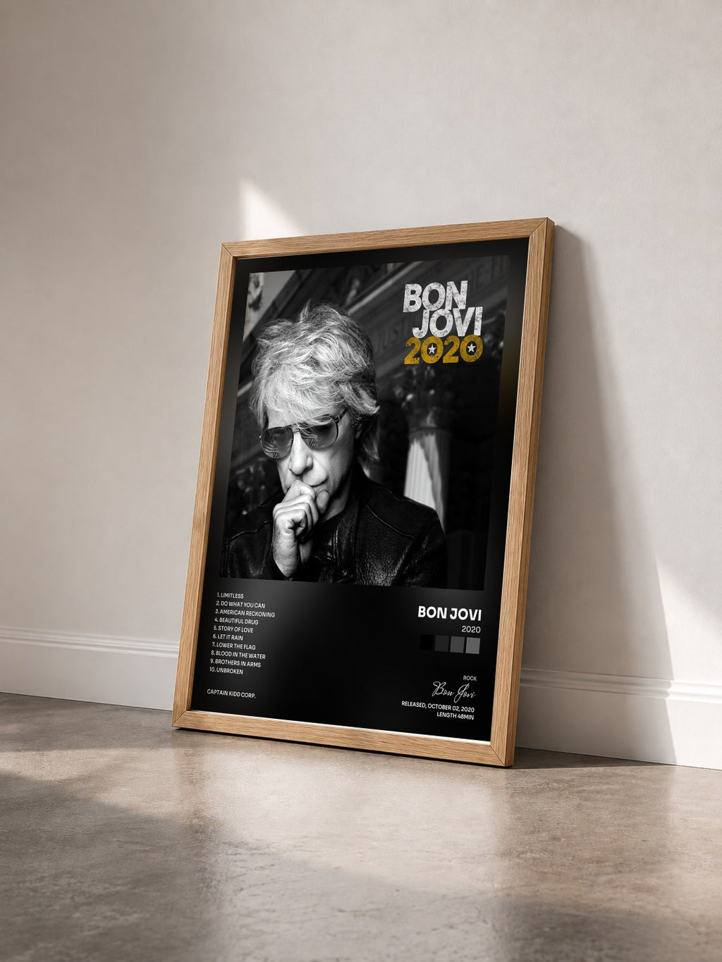 #bois Tableau de l'album 2020 de Bon Jovi vu de trois quarts, cadre en bois brut