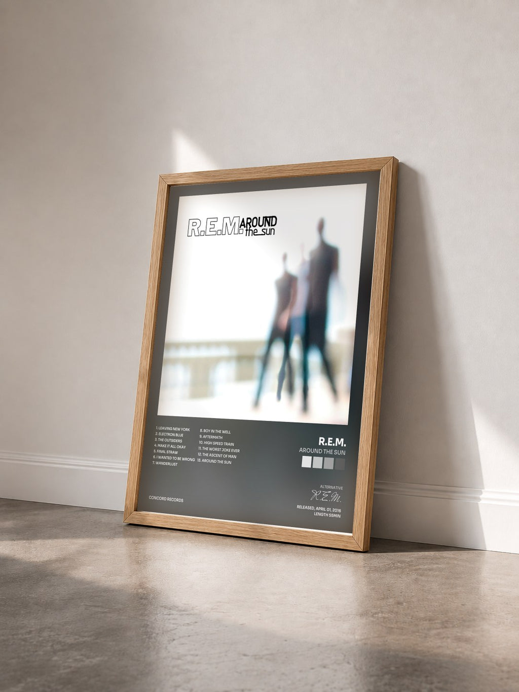 #bois Tableau de l'album Around The Sun de R.E.M. vu de trois quarts, cadre en bois brut