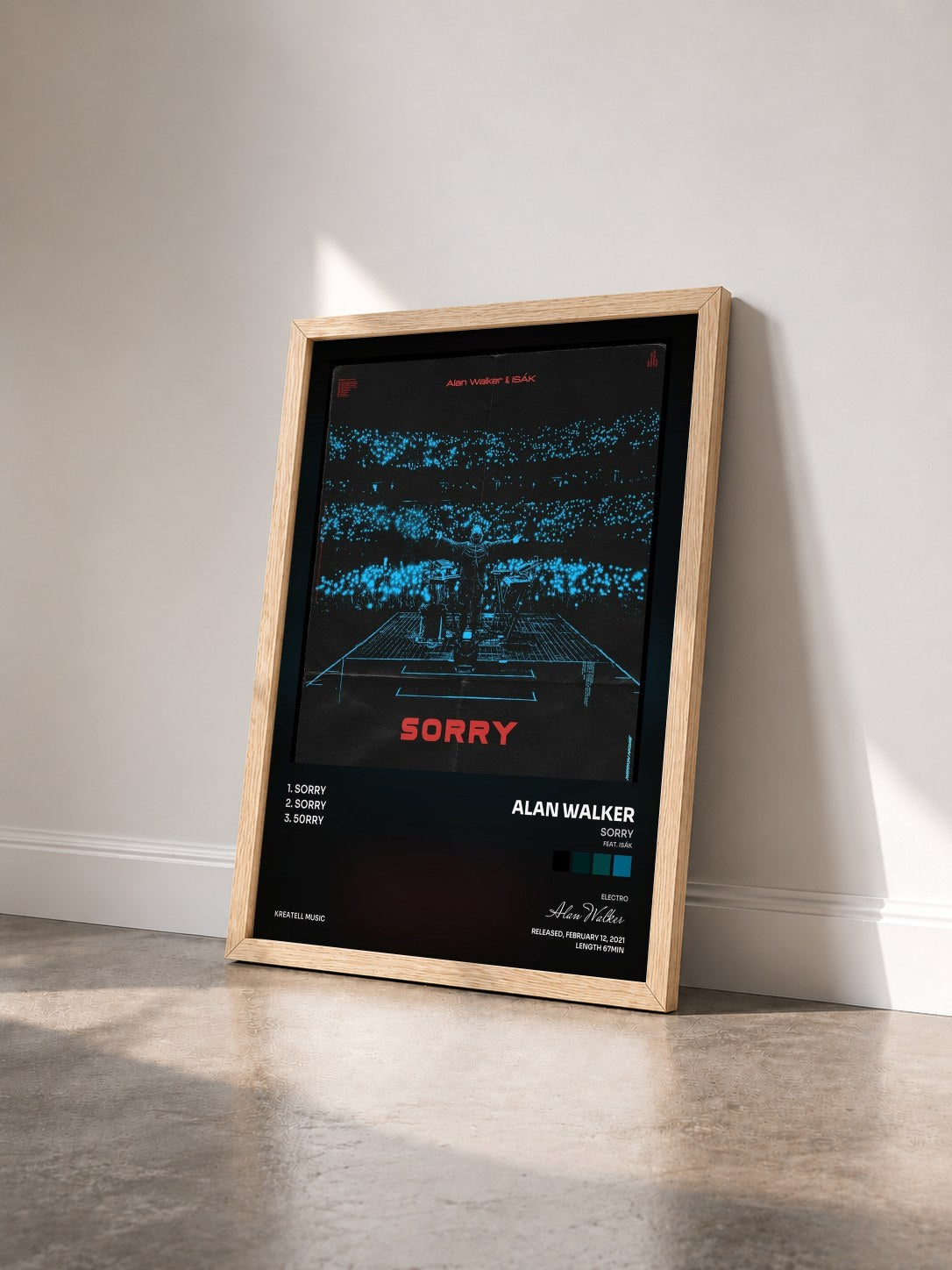 #bois Tableau de l'album Sorry (feat. ISÁK) de Alan Walker vu de trois quarts, cadre en bois brut