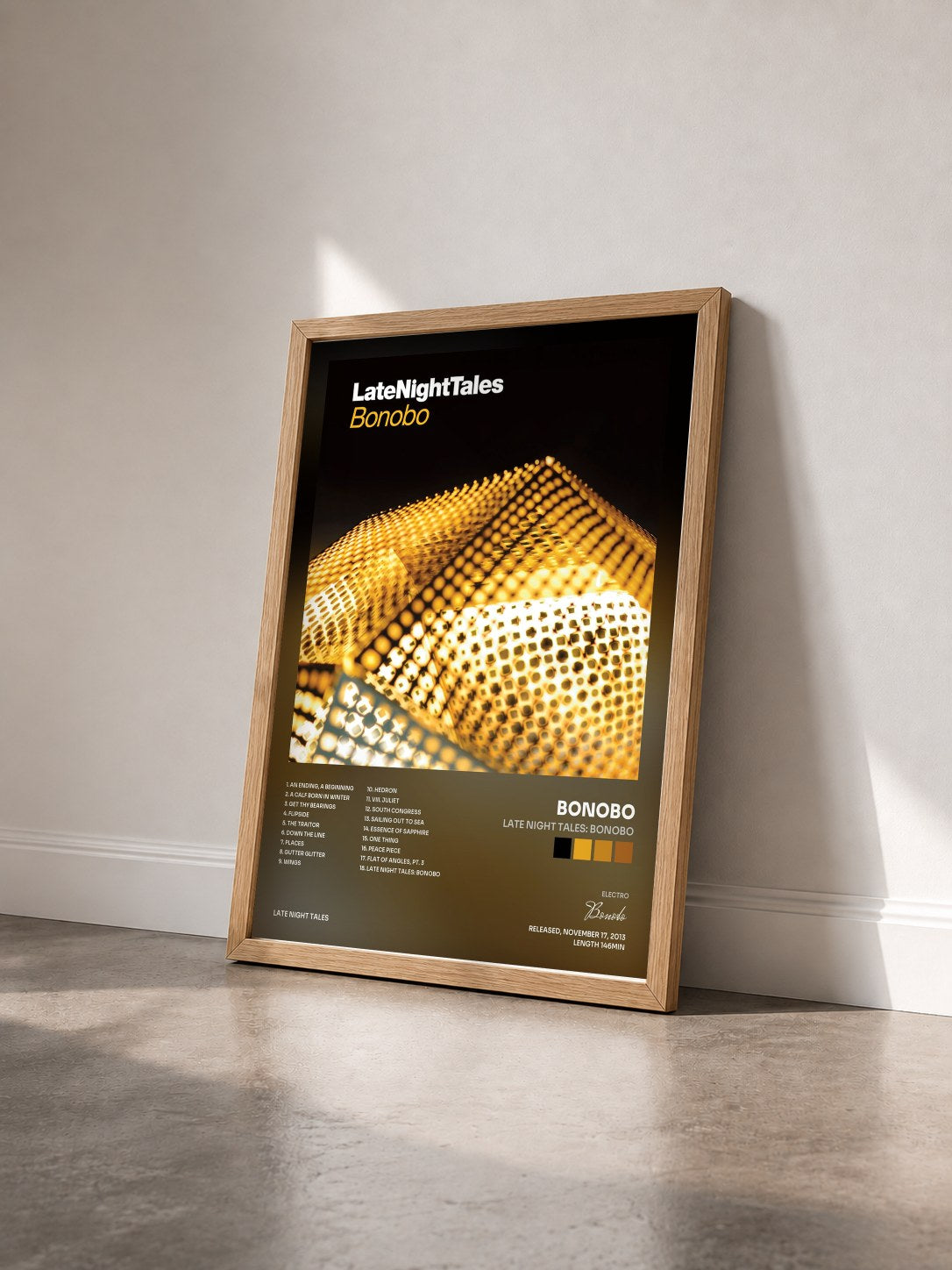#bois Tableau de l'album Late Night Tales: Bonobo de Bonobo vu de trois quarts, cadre en bois brut