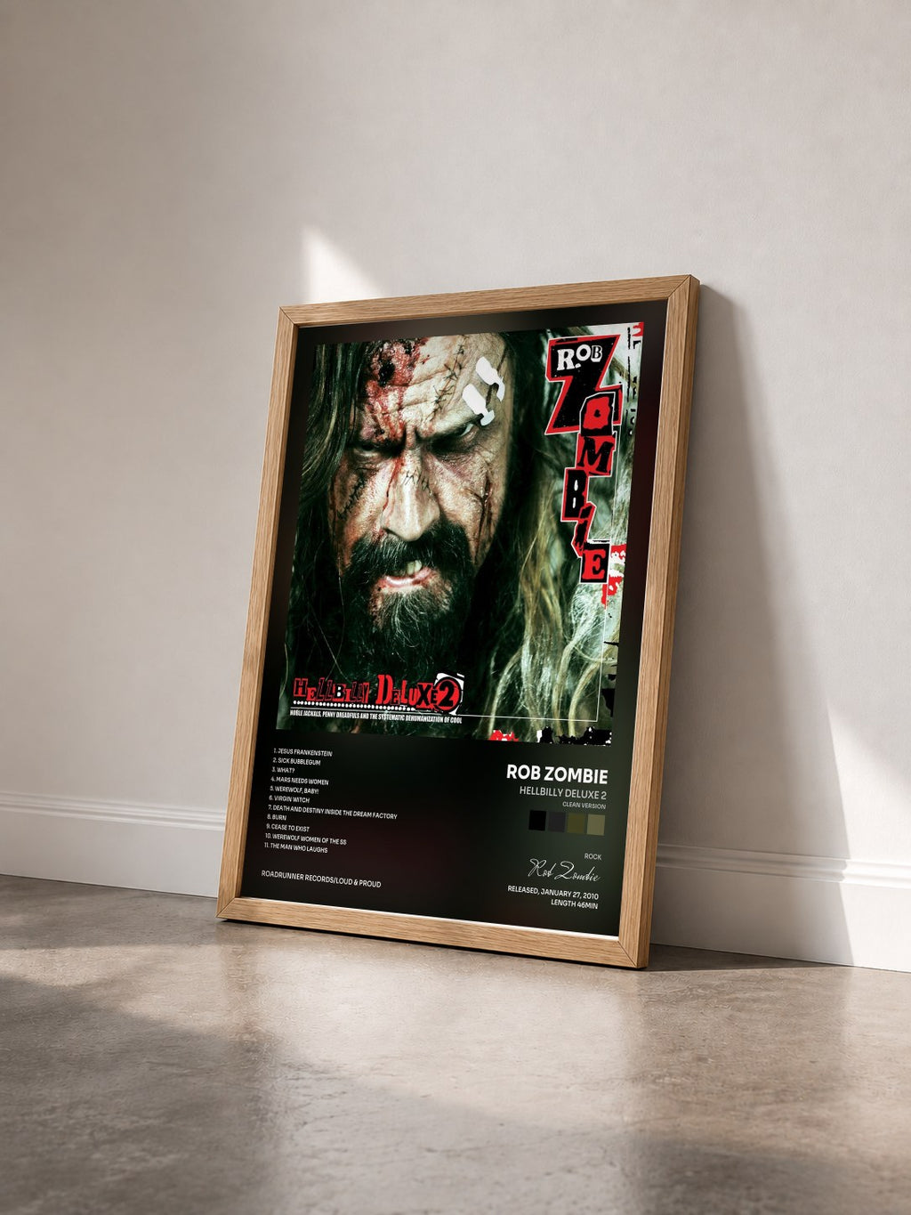 #bois Tableau de l'album Hellbilly Deluxe 2 (Clean Version) de Rob Zombie vu de trois quarts, cadre en bois brut