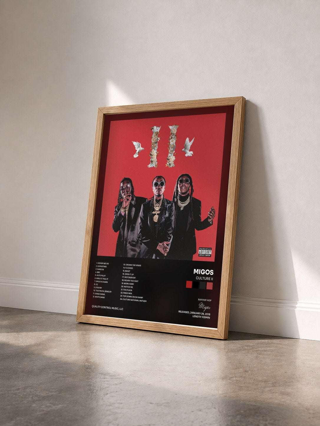 #bois Tableau de l'album Culture II de Migos vu de trois quarts, cadre en bois brut