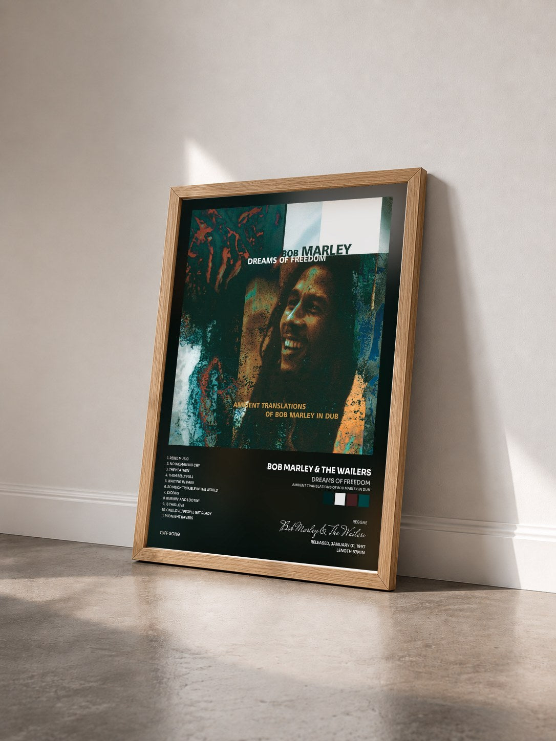 #bois Tableau de l'album Dreams Of Freedom (Ambient Translations Of Bob Marley In Dub) de Bob Marley & The Wailers vu de trois quarts, cadre en bois brut