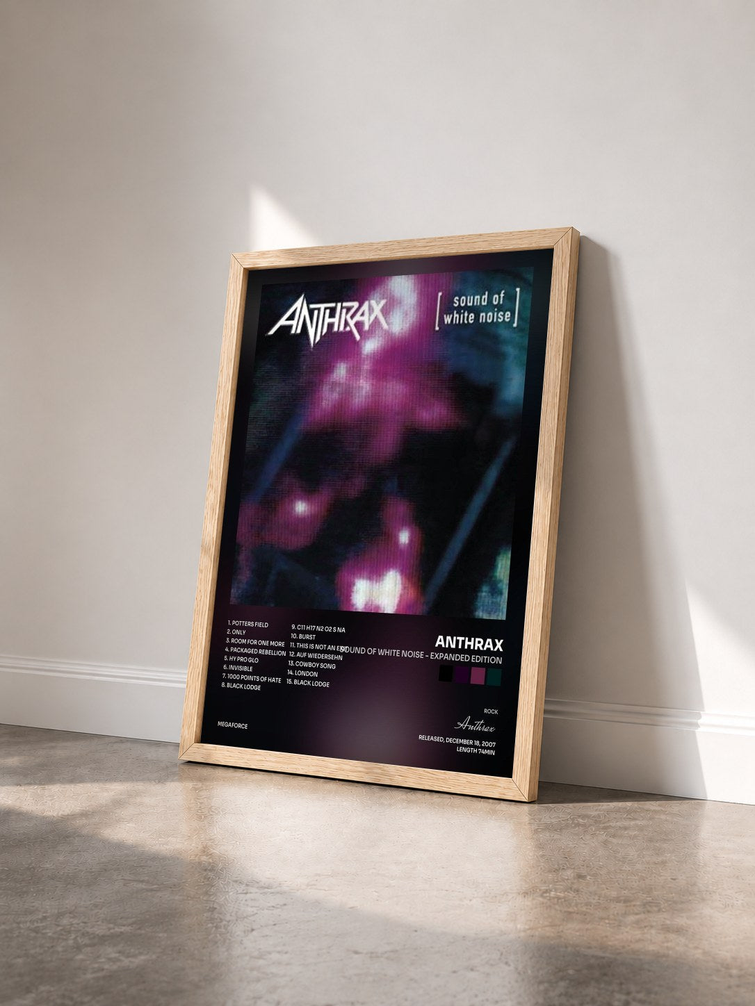 #bois Tableau de l'album Sound of White Noise - Expanded Edition de Anthrax vu de trois quarts, cadre en bois brut