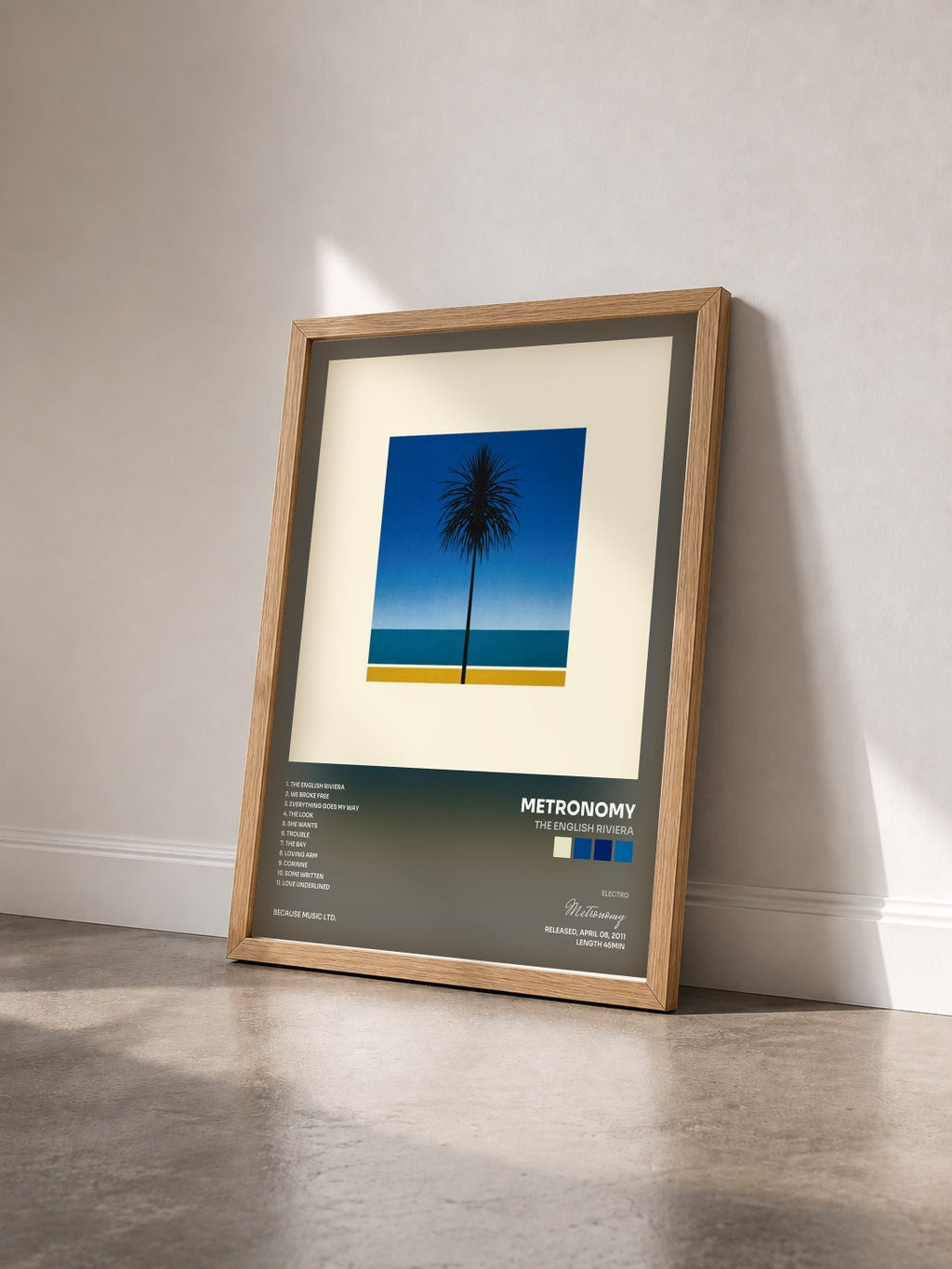 #bois Tableau de l'album The English Riviera de Metronomy vu de trois quarts, cadre en bois brut