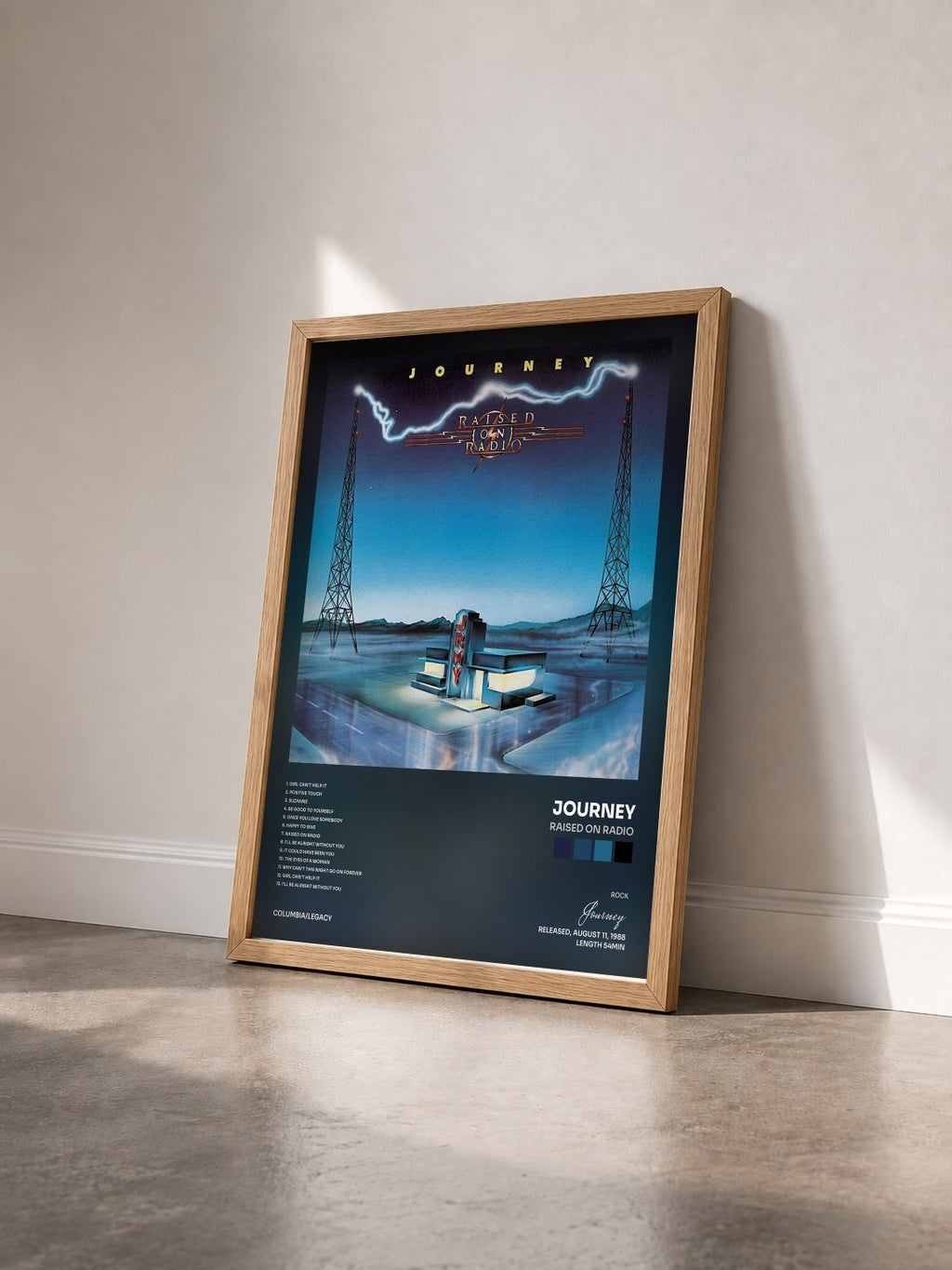#bois Tableau de l'album Raised On Radio de Journey vu de trois quarts, cadre en bois brut