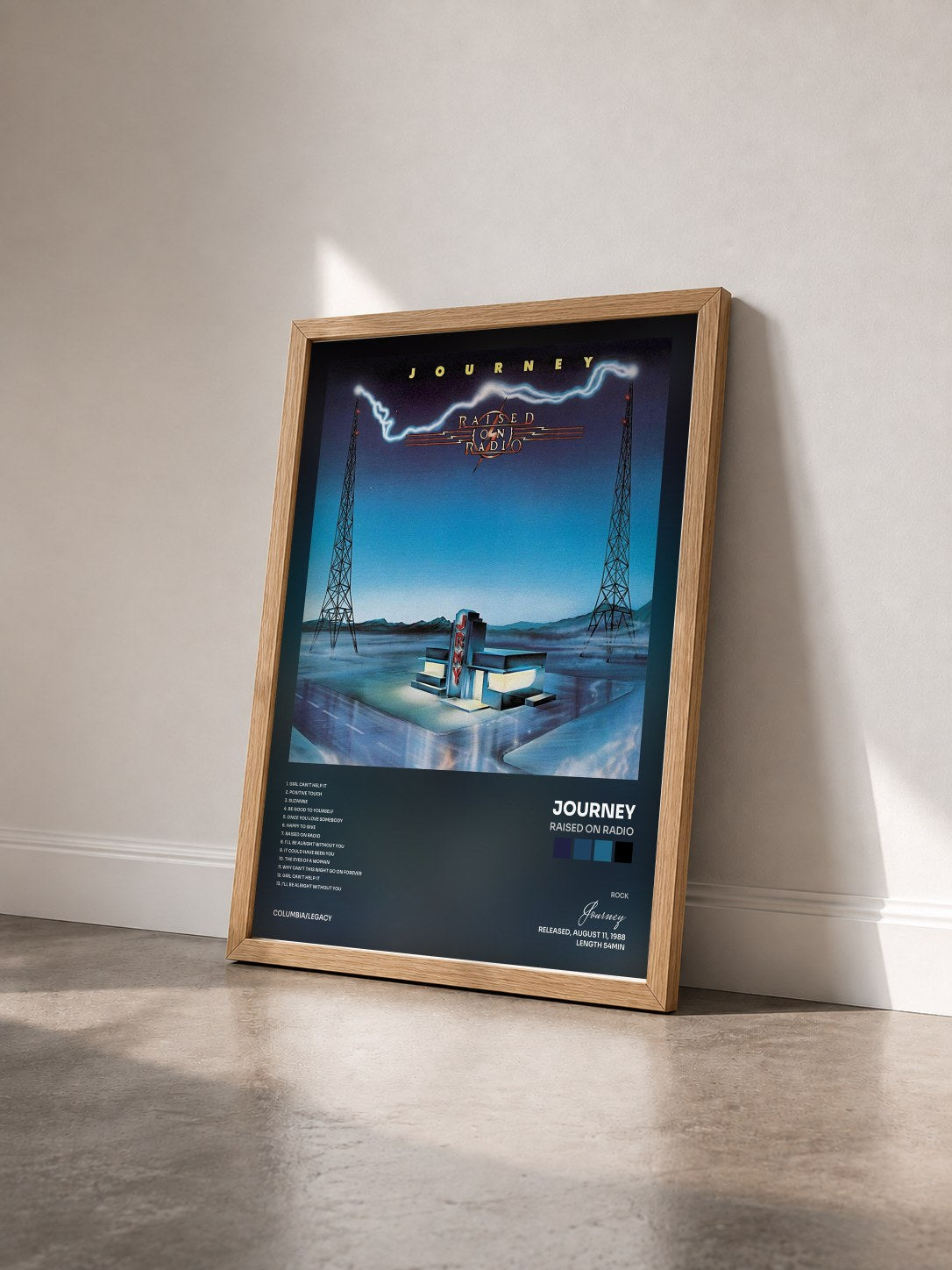 #bois Tableau de l'album Raised On Radio de Journey vu de trois quarts, cadre en bois brut