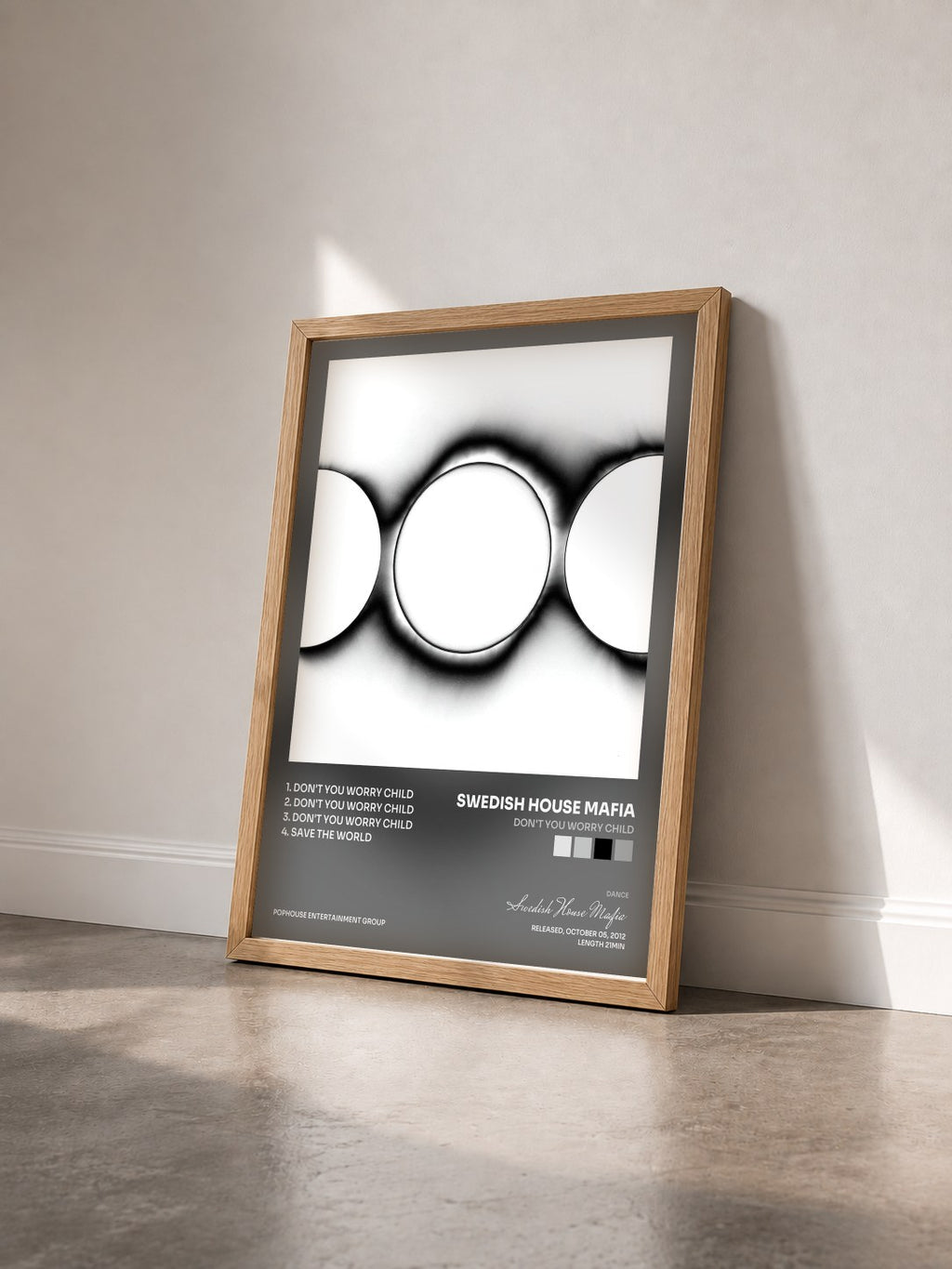 #bois Tableau de l'album Don't You Worry Child de Swedish House Mafia vu de trois quarts, cadre en bois brut
