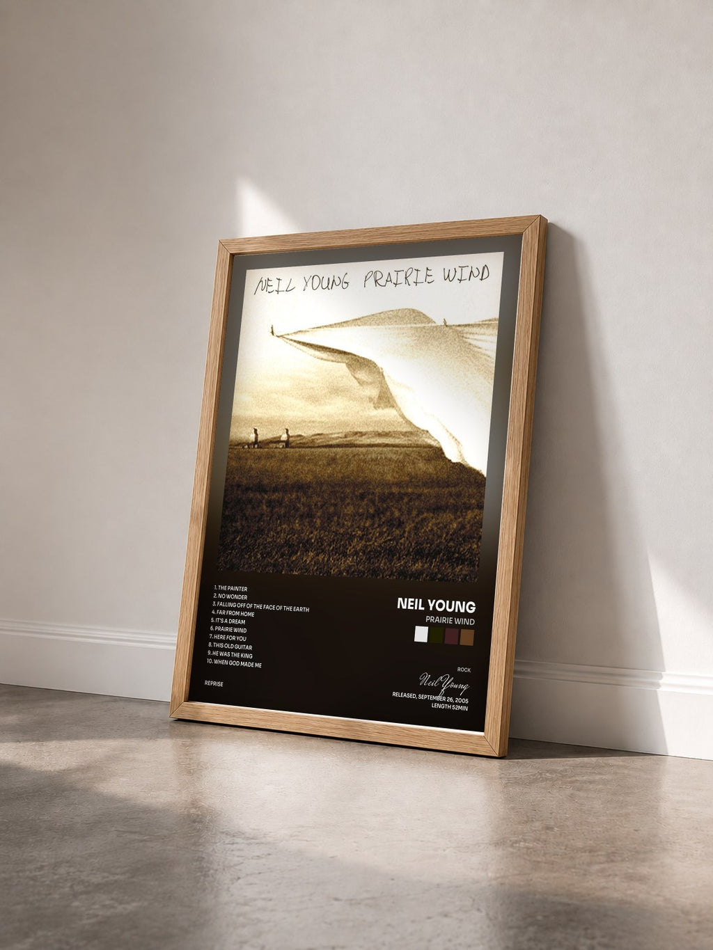 #bois Tableau de l'album Prairie Wind de Neil Young vu de trois quarts, cadre en bois brut