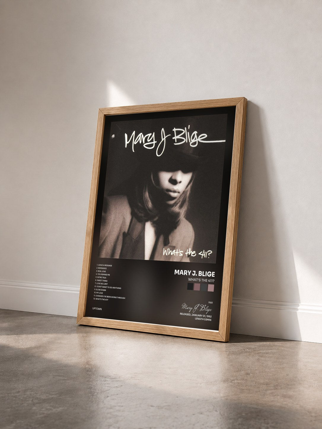 #bois Tableau de l'album What's The 411? de Mary J. Blige vu de trois quarts, cadre en bois brut