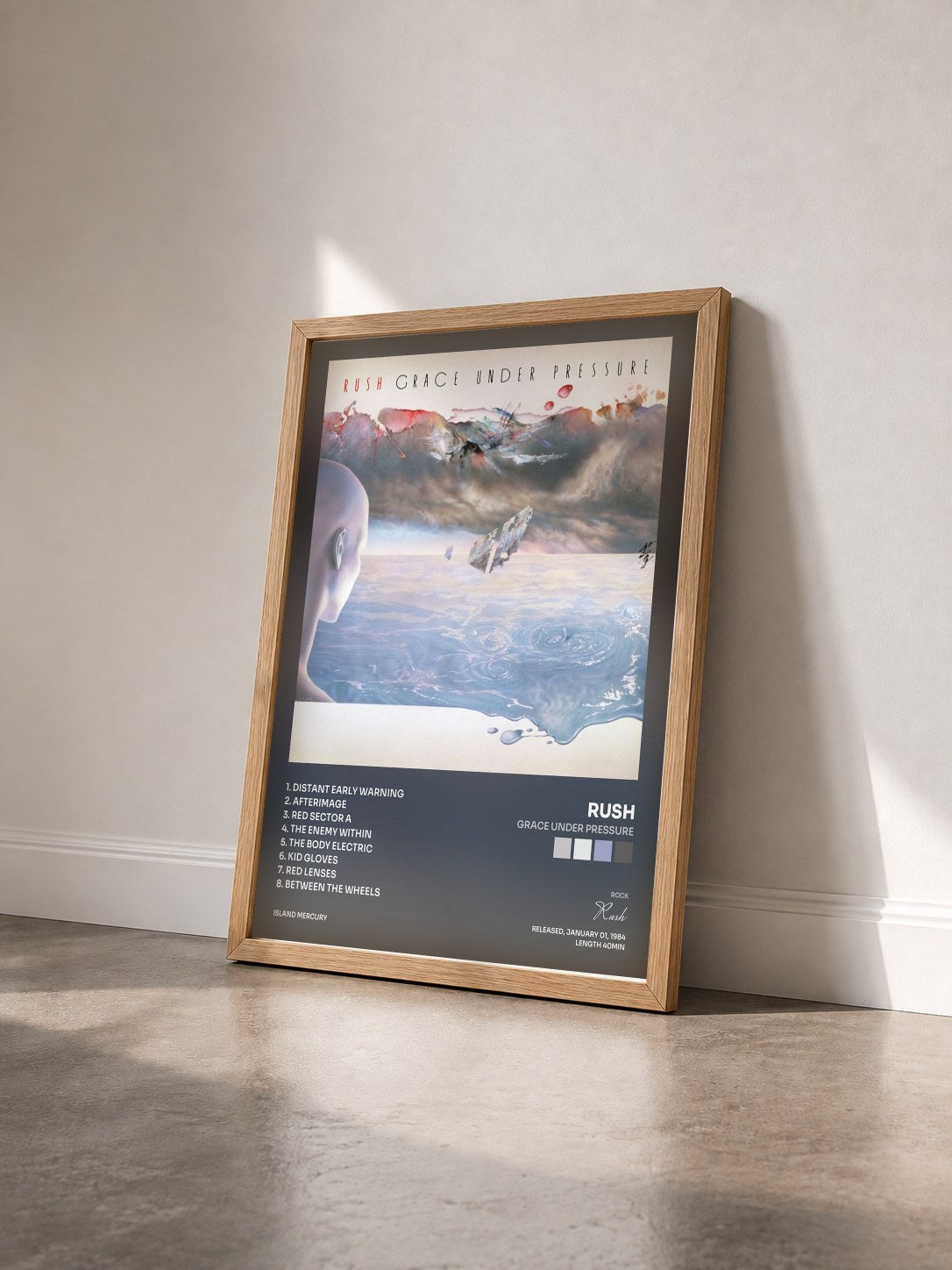 #bois Tableau de l'album Grace Under Pressure de Rush vu de trois quarts, cadre en bois brut