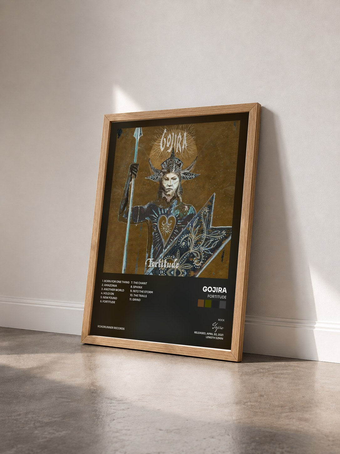 #bois Tableau de l'album Fortitude de Gojira vu de trois quarts, cadre en bois brut