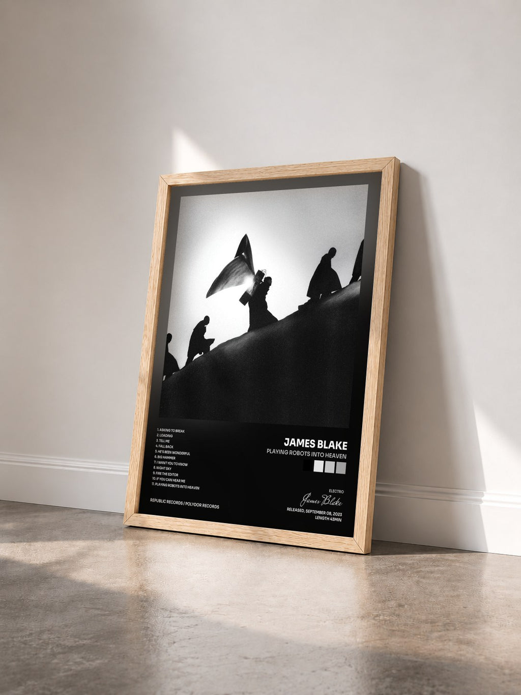 #bois Tableau de l'album Playing Robots Into Heaven de James Blake vu de trois quarts, cadre en bois brut