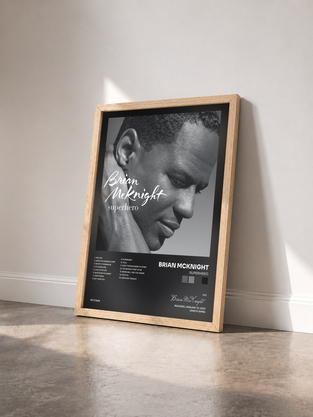#bois Tableau de l'album Superhero de Brian McKnight vu de trois quarts, cadre en bois brut