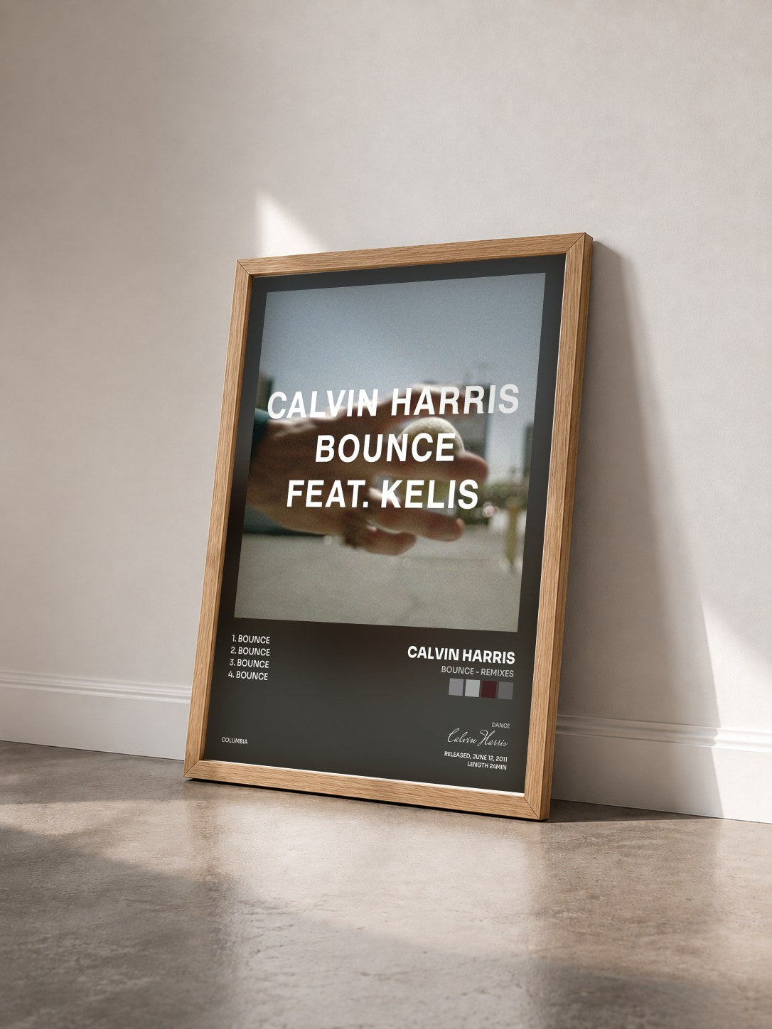 #bois Tableau de l'album Bounce - Remixes de Calvin Harris vu de trois quarts, cadre en bois brut