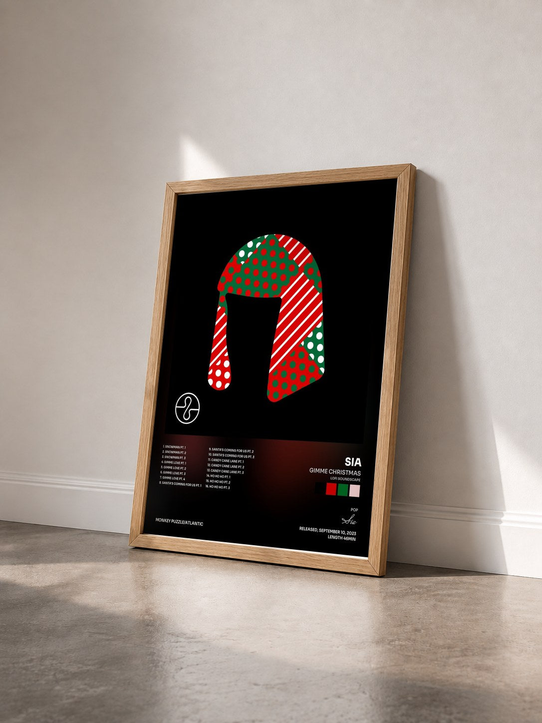 #bois Tableau de l'album Gimme Christmas (Lofi Soundscape) de Sia vu de trois quarts, cadre en bois brut