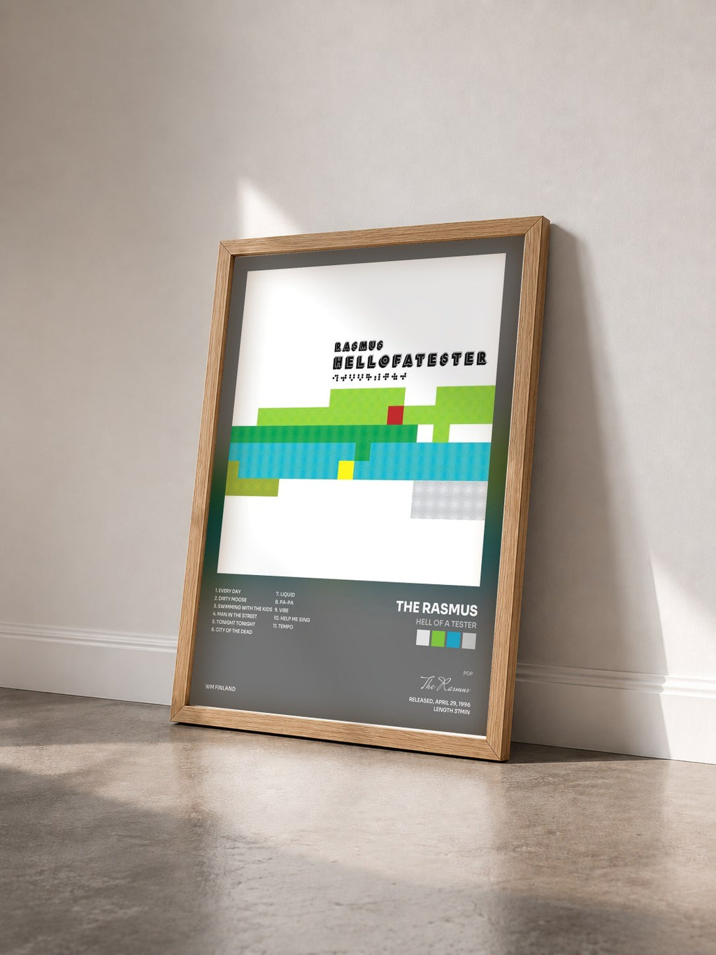 #bois Tableau de l'album Hell Of A Tester de The Rasmus vu de trois quarts, cadre en bois brut