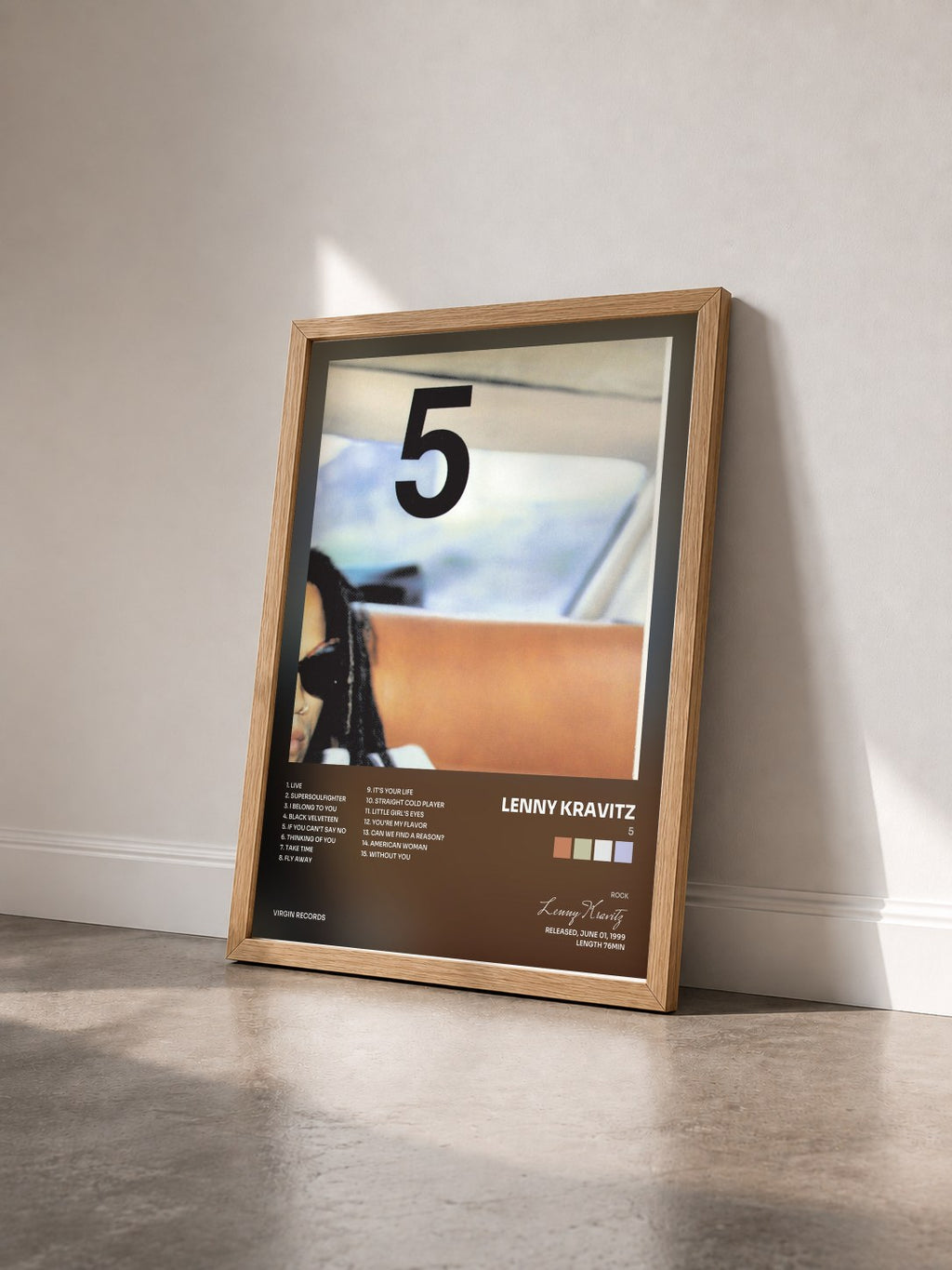 #bois Tableau de l'album 5 de Lenny Kravitz vu de trois quarts, cadre en bois brut